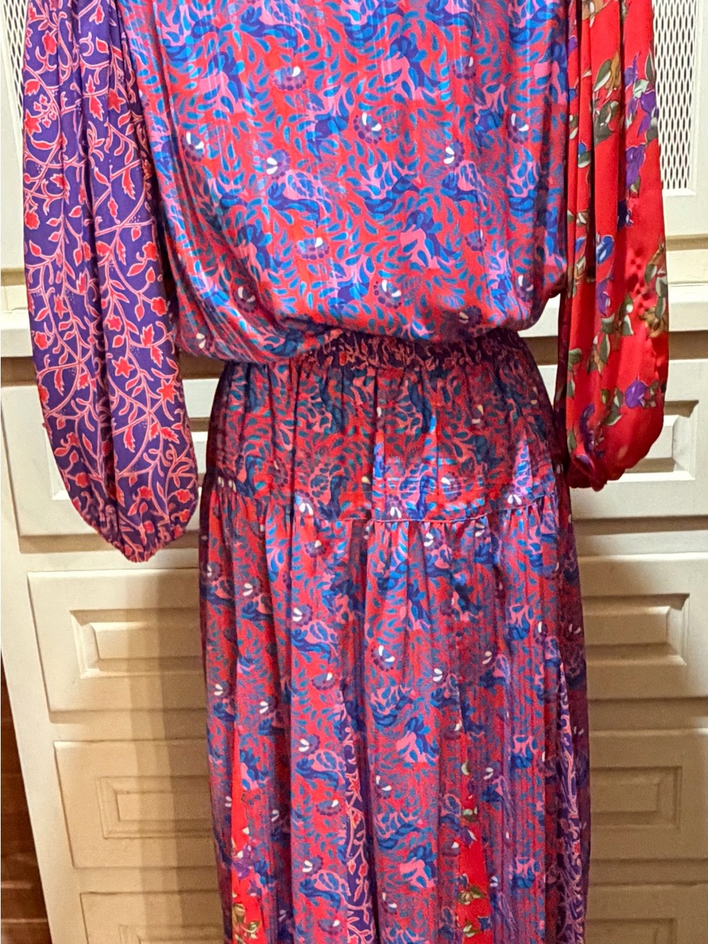 Vintage 80s Diane Freis Original Georgette Dress Boho Tassel Smocked Waist - Picture 3 of 4